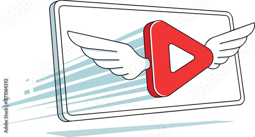Red Play Button with Wings Flying Fast.