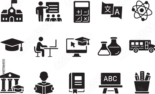  solid black icons on science, students, online learning, subjects, study, school isolated on white background, Vector, illustration
