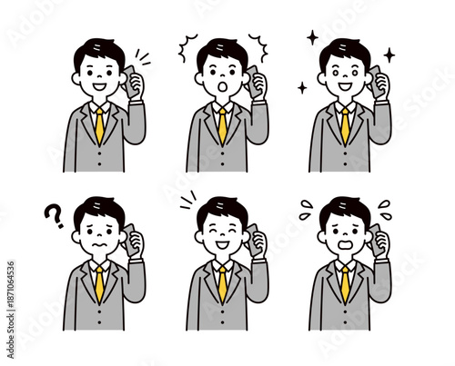 スマホで話す・通話する、若い男性会社員のいろいろな表情セット＿シンプルなベクターイラスト素材