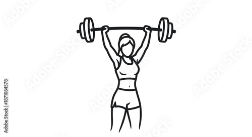 Strong athletic woman lifting a heavy barbell overhead in a minimalist line art style.