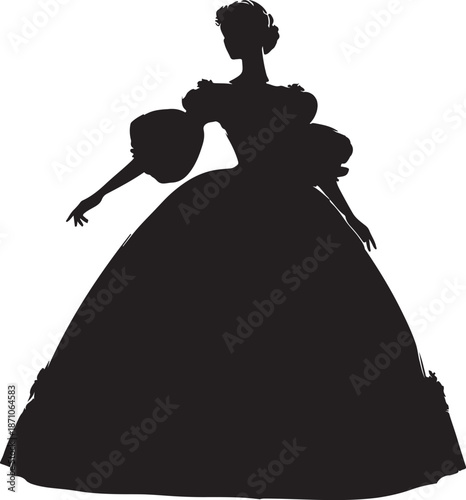 A black silhouette illustration of a woman in an 1800s fashion gown, featuring a voluminous skirt, puff sleeves, and an elegant hairstyle.