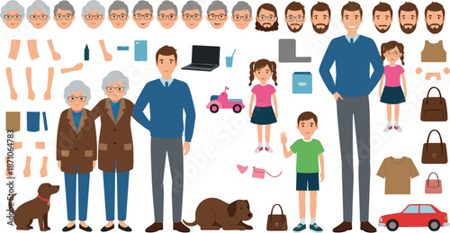 Family character creation and customization icons set illustrating parents, children, grandparents, pets, clothing options, accessories, and everyday lifestyle elements for animation and design