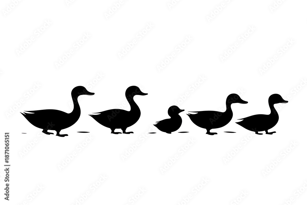 Fototapeta premium Duck silhouette family: A linear silhouette of a duck family creates a heartwarming family moment, capturing the unity and essence of the duck world.
