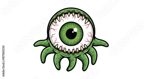 Green Eyeball Monster with Teeth and Tentacles Cartoon Style.