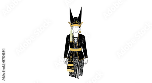 Traditional Javanese Gatotkaca Costume: Black and Gold Attire with Winged Headdress.