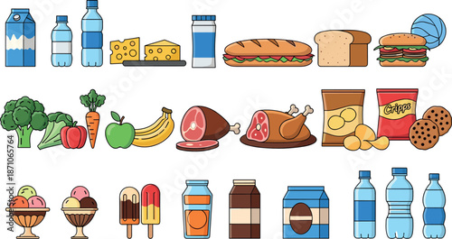 Food and drinks vector set with dairy products, fruits, vegetables, meat, bread, snacks and beverages in flat cartoon illustration style isolated on white background