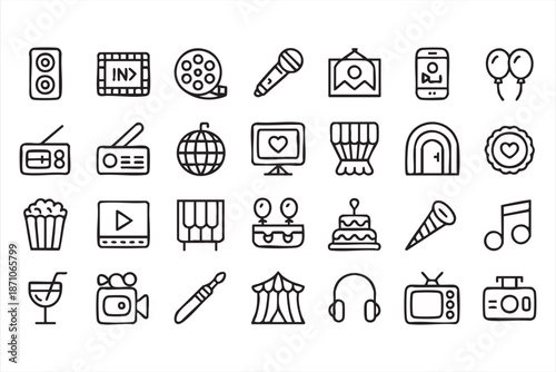 Media Streaming and Celebration Line Icons for Content Creator Templates