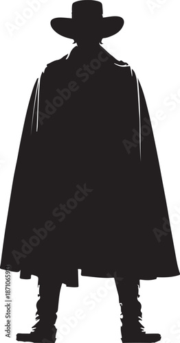 Black silhouette of a man in 1800s cowboy fashion, featuring a wide-brimmed hat, flowing cape, and boots.
