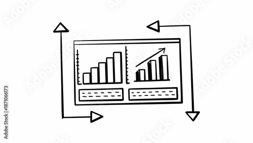 A simple line drawing of a chart on a computer screen with various graphs and arrows around it