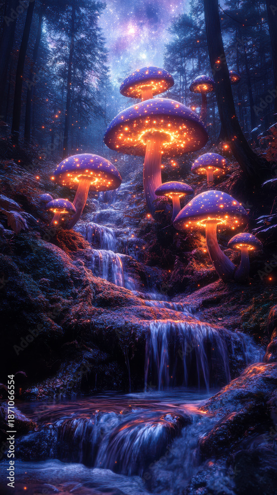Fototapeta premium Glowing mushrooms and cascading waterfall create a magical forest landscape at twilight