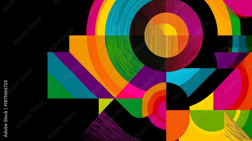 Obraz premium Abstract geometric composition with concentric circles and bold red, gold, teal, and black textures. Concept: Modern abstraction, cultural symbolism, balance and rhythm, luxury-inspired graphic design