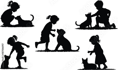 Silhouette of kids playing with dogs, bonding moments with pets, outdoor fun, child training puppy, black vector animal interaction scene flat vector illustration