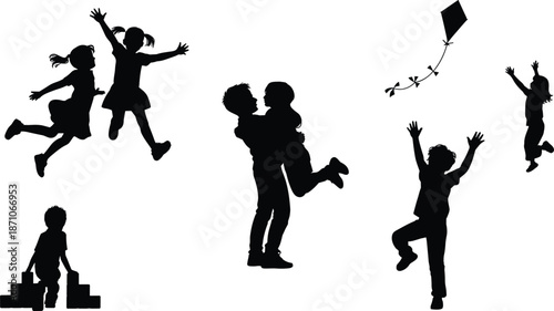 Silhouette of happy kids playing, jumping, hugging, flying kite, childhood fun outdoors, children activities vector, joy and friendship moments

 flat vector illustration