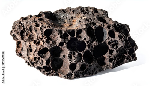 Dark porous volcanic scoria rock on white background