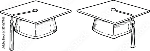 Black-and-White Drawing of Two Graduation Caps with Tassels Symbolizing Academic Achievement, Ceremony, Success, and Educational Milestone