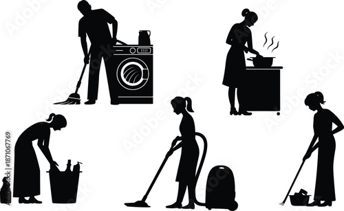 Silhouettes of People Performing Household Cleaning, Cooking, and Laundry Tasks for Home Maintenance, Domestic Chores, Daily Routine, Home Care Concept flat vector illustration