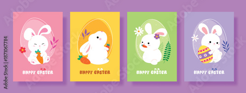 Four vertical Easter greeting cards featuring cute white bunnies, carrots, and decorated eggs framed by egg-shaped outlines on colorful pastel backgrounds.