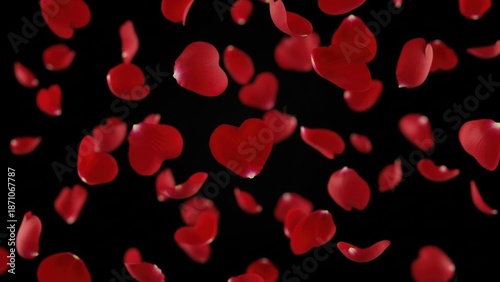 Romantic red heart shaped rose petals falling on black background