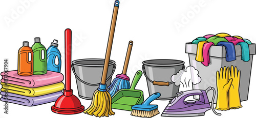 Colorful Collection of Household Cleaning and Laundry Supplies Including Towels, Bottles, Mop, Broom, Gloves, Iron, Buckets, and Basket