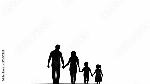 Silhouette of a family walking together holding hands on a white background.
