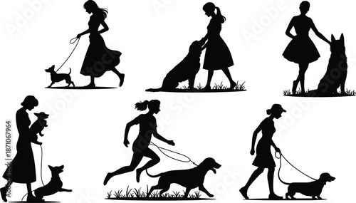 Silhouettes of women walking, playing, and bonding with dogs in outdoor scenes, perfect for pet care, lifestyle, and animal illustrations. flat vector illustration