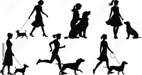Silhouettes of women walking, running, and bonding with dogs, ideal for pet care, dog training, outdoor lifestyle, and love themes. flat vector illustration