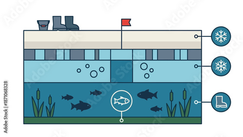 Diagram illustrating the different layers of a frozen lake ecosystem during winter conditions highlighting water stratification and aquatic life below the ice surface