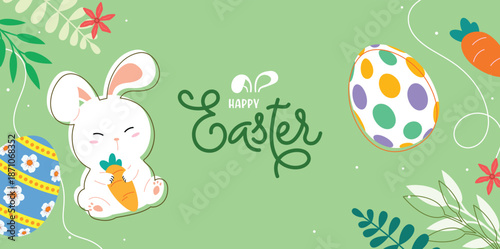 A horizontal Easter banner with Happy Easter calligraphy, a cute white bunny holding a carrot, and decorated eggs on a green background.