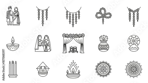 Set of Indian Wedding Icons for Festive Occasions and Cultural Celebrations