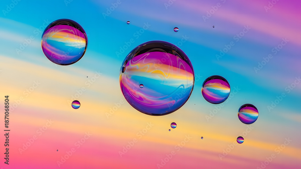 Naklejka premium Vibrant bubbles float in colorful sunset sky with rainbow hues