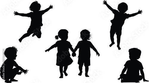Child Silhouettes: Joyful Play, Jumping, and Holding Hands in Whimsical Scenes flat vector illustration
