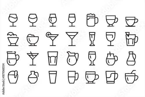 Drink and Glassware Line Icons for Cocktail Menu and Bar Branding