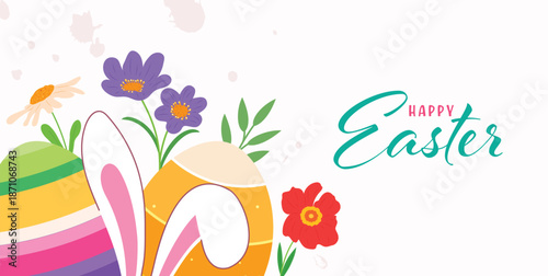 A horizontal Easter banner featuring Happy Easter calligraphy, bunny ears, colorful decorated eggs, and vibrant spring flowers on a white background.