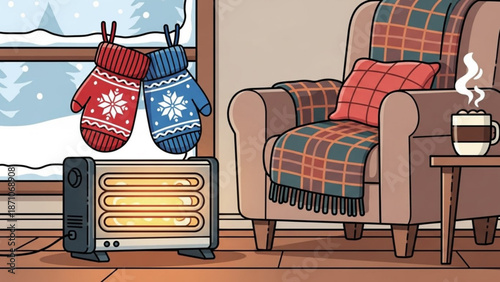 Cozy winter living room scene with armchair steaming cup mug plaid blanket snowflakes on mittens hanging by window heater with furniture