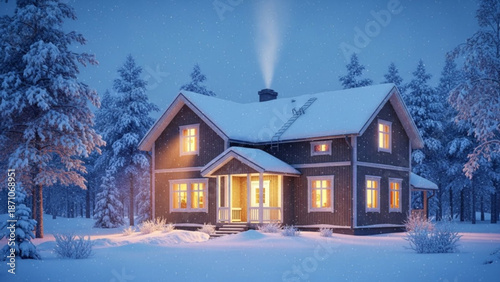 A warmly lit two story house with snow covered roof and surroundings stands amidst evergreen trees on a serene winter evening with cozy