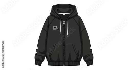 Black Full-Zip Hoodie with White Accents and Drawstring Hood.