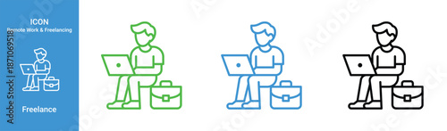 freelance worker with laptop icon set remote work digital nomad outline illustration