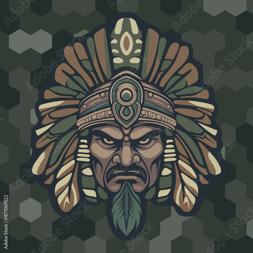 the stern face of a tribal Indian warrior or deity in camouflage paint with stylized leaves on his head, depicted against a background of honeycomb-shaped camouflage