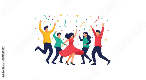 Diverse group of people joyfully dancing and celebrating under confetti.