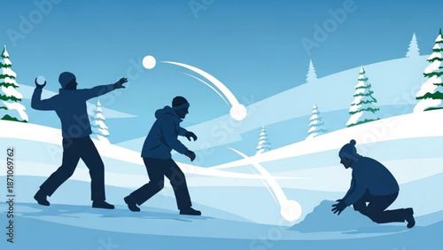 Three people play and throw snowballs on a snowy hill with trees in winter with fun and game and outdoor and seasonal with friendship