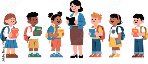 "Diverse group of happy school children with backpacks and books standing with a smiling female teacher in classroom setting"







flat vector illustration