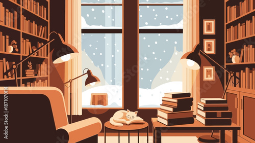 Cozy indoor library scene features a peacefully sleeping cat resting upon a book beside stacks of literature near warmly lit lamps while gentle snow falls outside the window