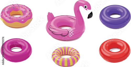 Inflatable pool float vector set with flamingo ring and colorful swim donut floats in glossy flat cartoon illustration style isolated on white background