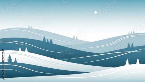 Snowy hills with trees under a moonlit sky in a serene winter landscape scene with rolling hills and a peaceful atmosphere with nature