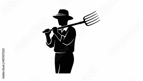 Farmer Silhouette Holding Pitchfork on Shoulder.