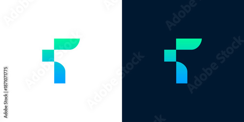 Modern abstract geometric logo design featuring a stylized letter R with a dynamic blue to green gradient, symbolizing technology, innovation, and digital connectivity for modern branding solutions