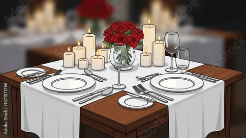 A romantic candlelit dinner table for two with white tablecloth red roses and lit candles on a dark wooden table in a restaurant with love