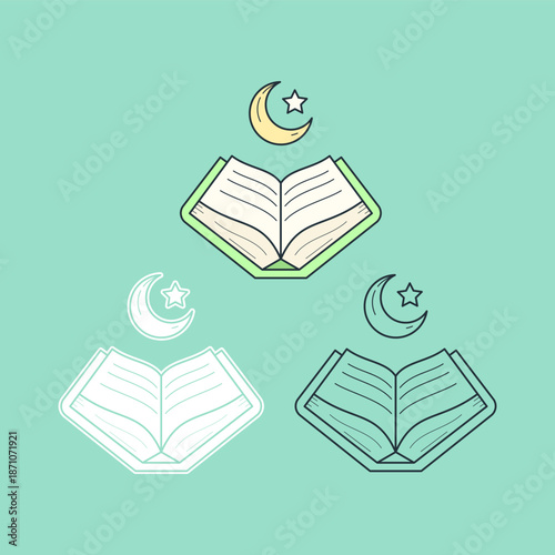 Illustration of an open Quran. The Quran is shown in three different styles on a soft green background. Islamic theme. Ramadan theme. Vector illustration.