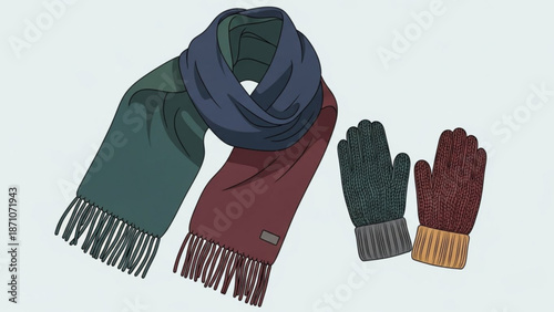 A scarf and gloves set in shades of green brown and blue for winter fashion and warmth with accessories and clothing and style with cold