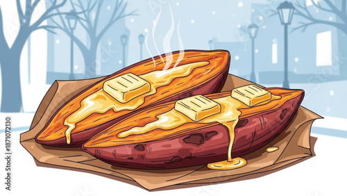 Two baked sweet potatoes with melting butter on top served on brown paper in a snowy winter scene with bare trees and street lamps
